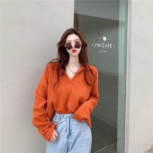 2020 autumn new Korean loose and thin retro lazy style short V-neck Pullover knitted sweater top
