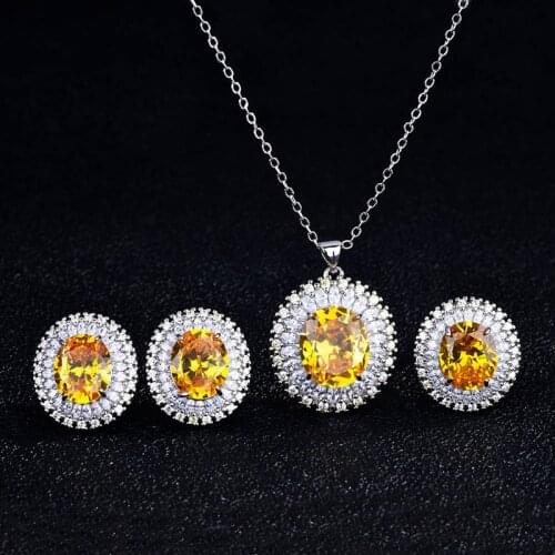 Luxury Classic Oval Pendant Necklace Inlay Yellow Crystal Zircon Silver Jewelry Set Womens Wedding Party Eternity Wedding Ring