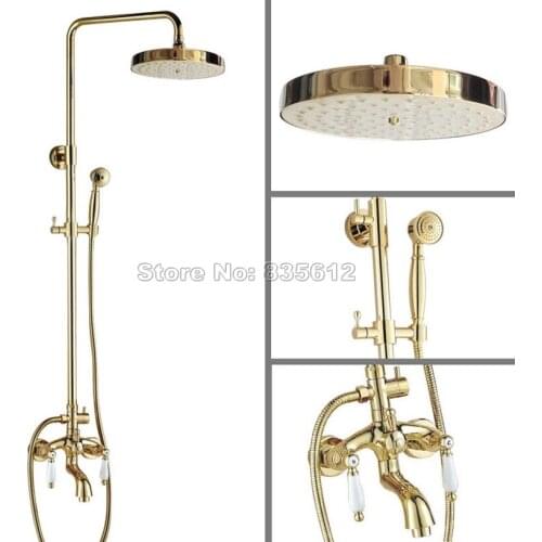 Bathroom Luxury Dual Handles Rain Shower Faucet Set with Handheld Shower /Gold Color Brass Wall Mounted Bathtub Mixer Tap Wgf425