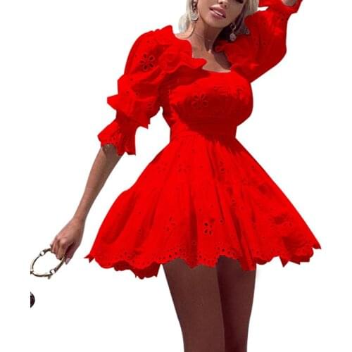 2021 New Womens Sexy Sundress Openwork Lace V-neck Ruffled Half Sleeve Summer White Black Mini Dress M6123