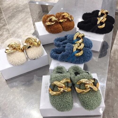 SUOJIALUN Brand Design Women Slipper Fashion Gold Chain Slip On Mules Shoes Winter Warm Lambswool Slides Casual Flat Flip Flop