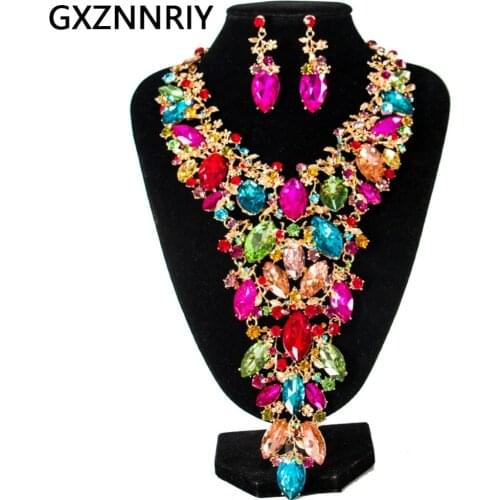 Crystal Flower Bridal Jewelry Sets for Women Rhinestone Wedding Gold Necklace and Earrings Set Party Jewellery Sets Gifts