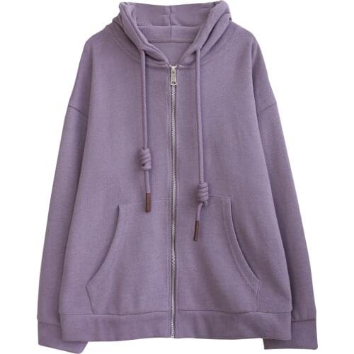 Purple Black Hoodie Women Long Sleeve Autumn Winter Warm Fleece Tracksuits Zipper Coats Drawstring Hooded Tops Sweatshirt Pocket