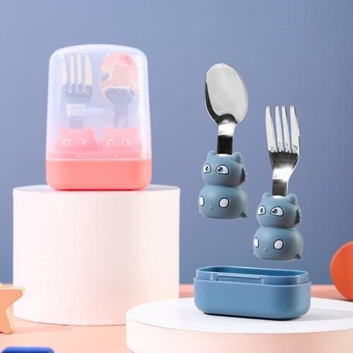 Fork Spoon Two-Piece Suit Childrens Tableware Silicone Stainless Steel Feeding Spoon Portable Cutlery Set Baby Goods Feeder