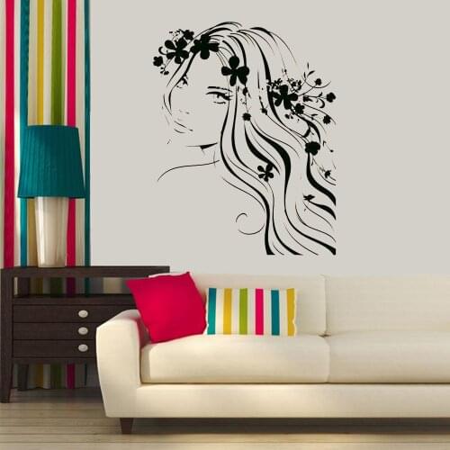 Pretty Girl Vinyl Decals for Bedroom Beauty Salon Decor Window Door Stickers Woman Hair Flower Wall Sticker Art Murals WL409