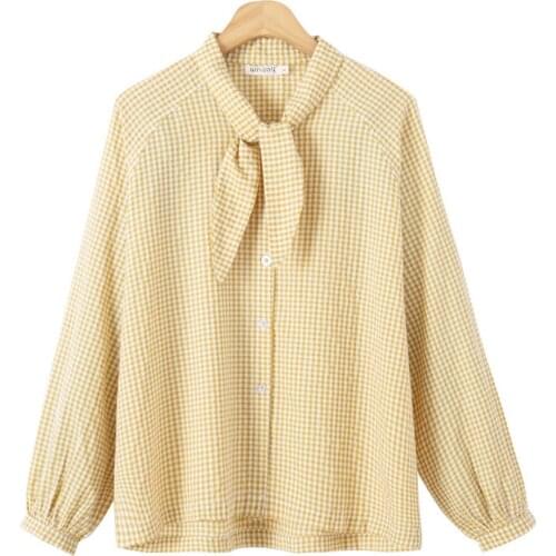PERHAPS U Women Shirt Bow Down Collar Long Sleeve Yellow Plaid Mori Girl Sweet B0526