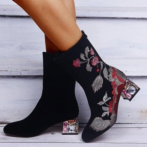 Women Mild-Calf Boots Female Crystal High Heel Woman Flock Autumn Winter Fashion Embroidered back zipper nude boots Shoe Plus 43