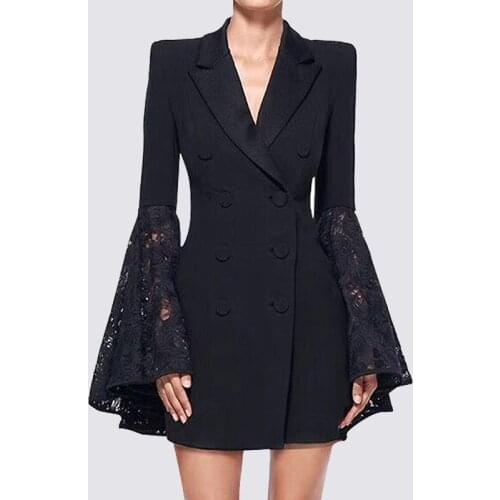 2021 Spring Flare Sleeve Court Style Blazer Fashion Black Lace Spliced Women Jacket 9252