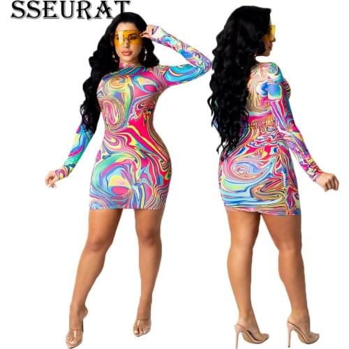 SSEURAT Women Dazzle Colour Print Long Sleeve Bodycon Mini Dress Sexy Party Club Wear Bandage Dresses