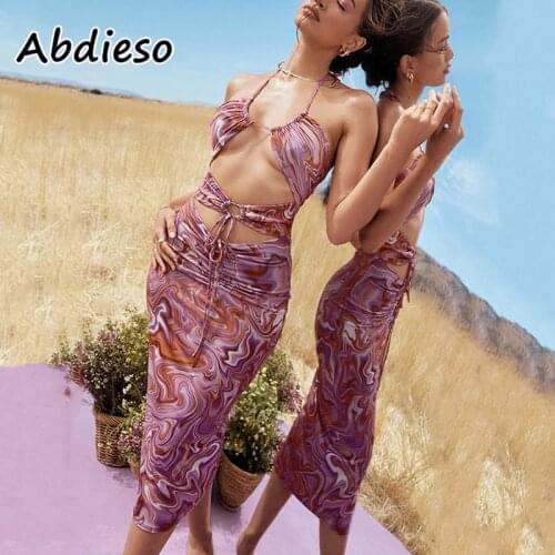 Abdieso 2021 Tie Dye Backless Summer Dress Women Cut Out Halter Sexy Beach Club Party Midi Bodycon Dresses Fashion