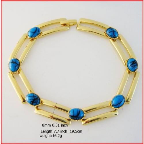Foromance/ 7.7" YELLOW GOLD GP OVAL SHAPE BEADS BLUE STONE SQUARE LINK PART LADY BRACELET