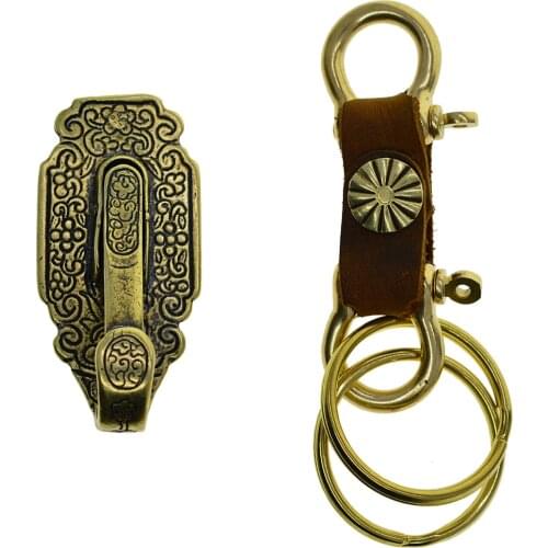 Tibetan pattern brass Detachable Quick Release Belt loop ring clip on full grain leather shackle keyholder keychains FOB Car