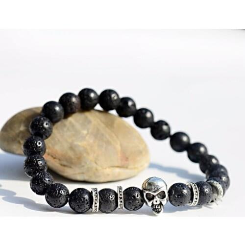 Trendy 8mm Black Lava Stone Beaded Bracelet Men Bileklik Silver Color Skeleton Skull Elastic Bracelets For Women Accessories