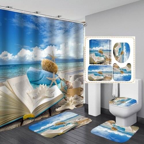 Starfish Shower Curtain Blue Beach Vacation Bathroom Curtain Frabic Waterproof Bath Curtain De Home Textiles With Hooks