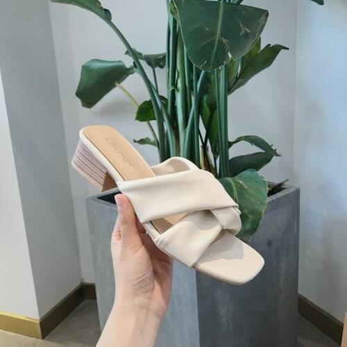 Slippers womens summer wear mid-heel thick with square toe word sandals 2021 summer new fashion womens shoes
