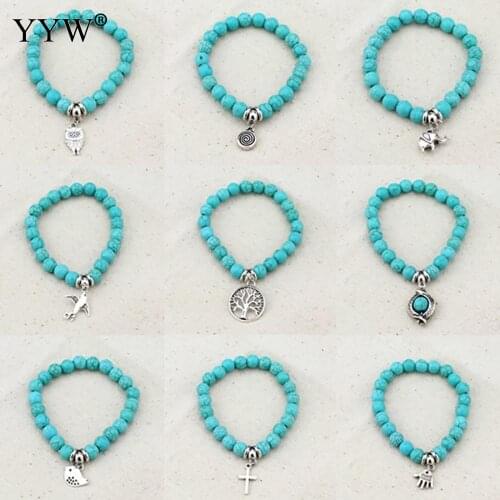 Boho Vintage Turquoises Bracelets for Women Men Cross Tree Fish Hand Pendant Charm Bracelets & Bangles Fashion Jewelry