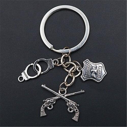 WKOUD 1pc Metal Police Badge & Handcuffs & Vintage Pistol Alloy Keychain DIY Creative Handmade Alloy Key Chain A1622