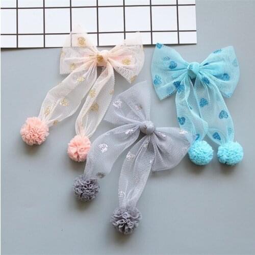 10pcs/lot Boutique Sweet Gauze Pom Pom Hair Bow Hairpins Solid Bowknot Hair Clips Princess Headwear Fashion Hair Accessories