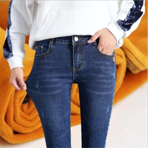 2020 Spring Women Jeans Regular Denim Trousers Thicken Warm High Waist Pencil Pants Female Skinny Jeans Pants Plus Size P8558