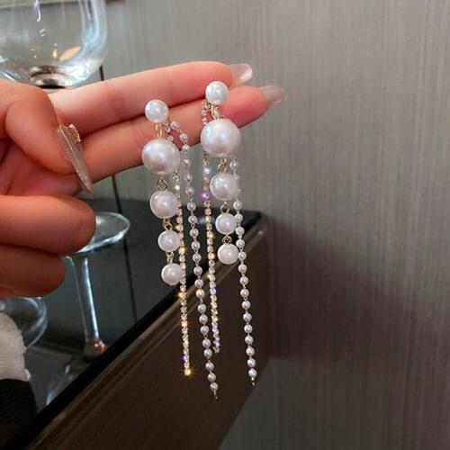 Long Tassel Pearl Earrings European and American Exaggerated Design Diamond Earrings Fashion Personality Earrings Women