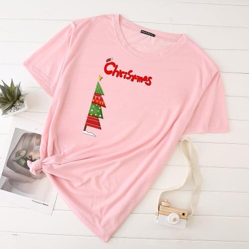 Girls All Seasons Suitable Short Sleeve Clothes Colourful Christmas Tree Korean Style Woman Tshirts Pink T Shirts Fashion Tops