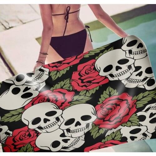 Gothic Sugar Skull Microfiber Beach Towel Bathroom Home Swimming Bath Curtain Rose Printing Rectangle Yogo Mats for Teens Adult