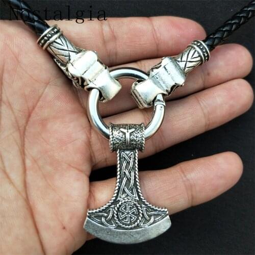 Viking Wolf Head leather Chain Thors Hammer Mjolnir Pendant Scandinavian Viking Slavic Talisman AXE Knot Necklace Jewellry