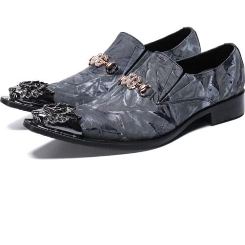 Men Grey Fashion Pointed Toe Formal Dress Footwear Metal Tipped Flats Party Shoes