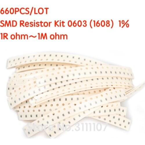 660PCS/LOT 0603 SMD Resistor Kit Assorted Kit 1R ohm-1M ohm 1% 1608 1R-11M 33valuesX20pcs=660pcs Sample Kit Sample bag