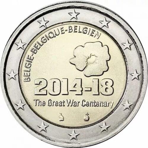 Belgium 100th Anniversary of World War I in 2014 2 Euro 100% Real Original Coins Currency Coins Unc