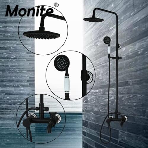 New Bathroom Shower Sets Wall Mount Oil Rubbed Bronze 8" Brass Shower Head+Ceramic Heldhead Shower Faucet Set Bathtub Torneira