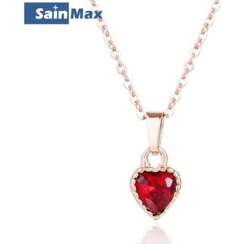 New Simple Design Necklace with Red Crystal Heart Pendant Trendy Stainless Steel Chain Necklace Women