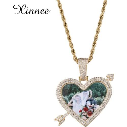 Heart Love Memory Picture Baguette Necklace & Pendant Solid Back Micro Pave Arrow Charm Mens Hip Hop Jewelry