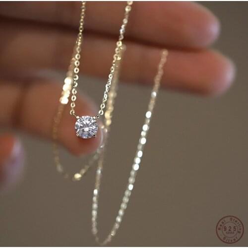 925 Sterling Silver French Simple Crystal Pendant Clavicle Chain Necklace Women Light Luxury Party Plating 14k Gold Jewelry