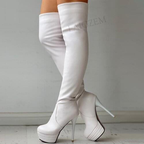 SEIIHEM Women Over Knee High Boots Platform White Boots Stretchy Pull On Cosplay Party Chains Female Shoes Woman Big Size 44 46