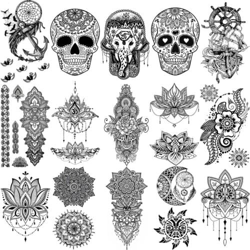 Lotus Pendant Henna Mandala Temporary Tattoos For Women Adult Girl Skull Elephant Anchor Fake Tattoo Neck Arm Hands Small Tatoos