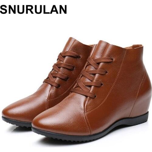 SNURULAN2018New Fall Genuine Leather Flat Heel Women Single Shoes Womens Casual Boots Female Flats Height Increasing Boots E046