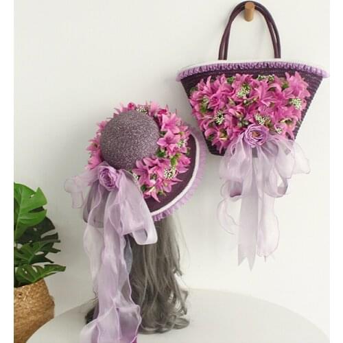 2021 New Flower Straw Bags Female Ins Summer Larger Capacity Totes Rattan Bag Handmade Flower Woven Beach Handbag with Sun Hat