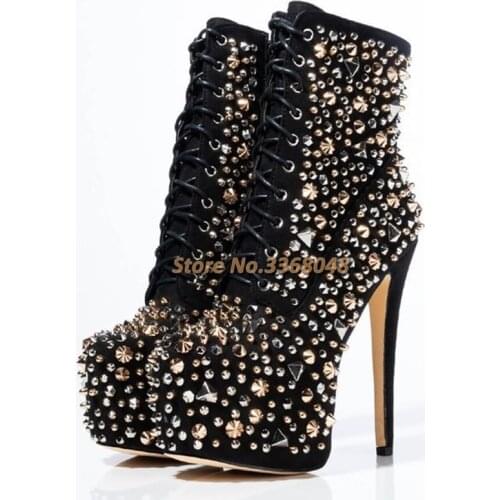2020 New Arrivals Crystal Sparkle Booties Platform Lace up Stiletto High Heel Dress Runway Women Shoes Zipper Black Twinkle Shoe