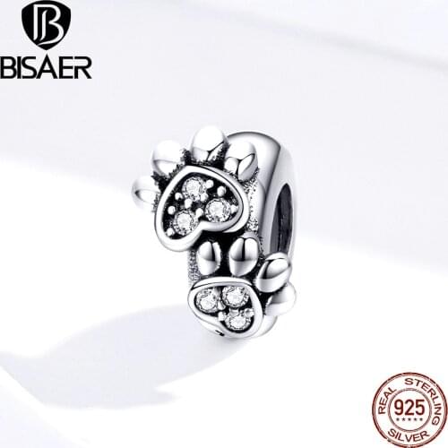 Footprints BISAER 925 Sterling Silver Animal Footprints Beads Dog Cat Jewelry Charms fit for Bracelets Silver 925 Jewelry