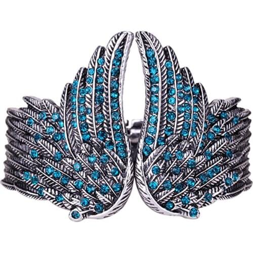 Fashion Angel Wings Cuff Bracelet for Women Blue/Pink Crystal Punk Jewelry Gift Antique Silver Color Bangle Dropshipping