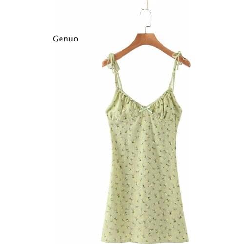 Beauty New Casual Chic Floral Print Sling Mini Dress Women Holiday Bow V-Neck Dress Summer Sexy Backless Ladies Dresses