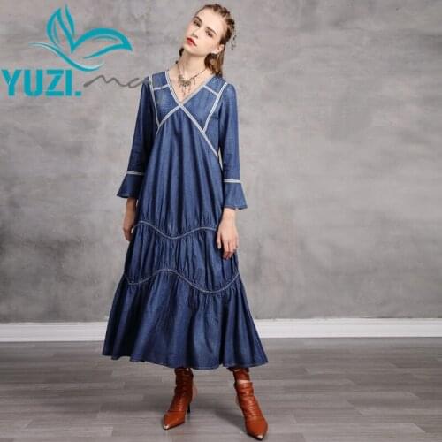 Woman Dress 2020 Yuzi.may Boho New Denim Women Dresses V-Neck Floral Patchwork Flare SleeveLoose Vestido A82263 Vestidos