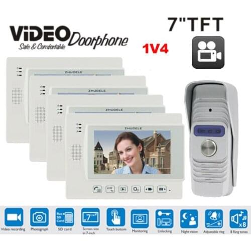 ZHUDELE International Quality Home Security System 1Camera+4Monitor 7"Video Door Phone Touch Key with SD Card, Doorbell Intercom