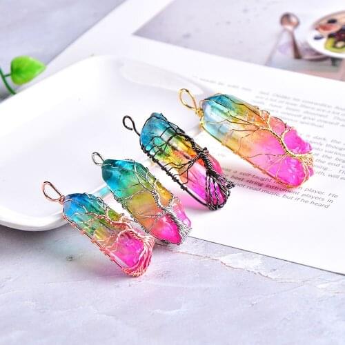 1PC Natural Crystal Pendant Fashion Electroplate Mineral Jewelry Tree Of Life Raw Crystals for Women Colorful Necklace Gift