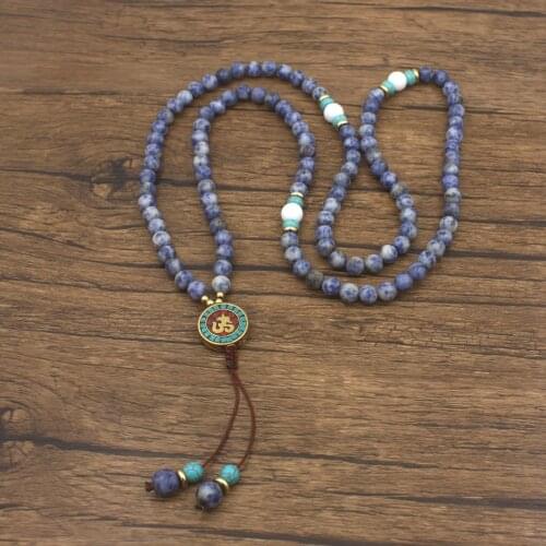 108 Natural Sodalite Stone Mala Necklace Light Blue Stone Beads And OM Pendant Necklace Yogi Jewelry Unisex