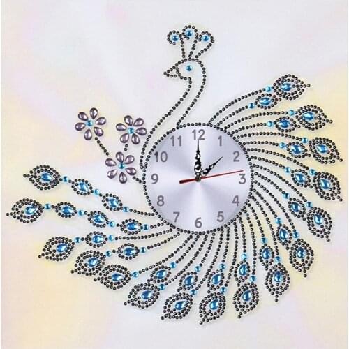 Diamond Painting Cross Embroidery Wall Clock DIY Crystal Peafowl Pattern Special Shaped Drill Home Ornaments 35X35cm