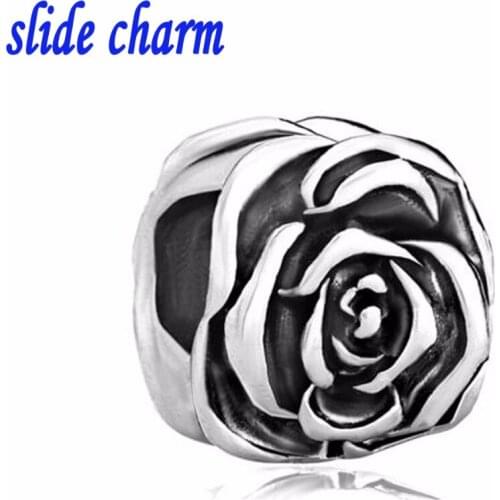 Slide charm Free shipping New European and American fashion personality black and white roses floral gift fit Pandora bracelet