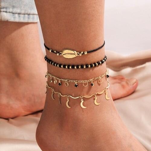 Tocona 4pcs/sets Charms Beaded Anklets for Women Summer Shell Moon Tassel Feet Chain Adjustable Bohemian Jewelry Accessories