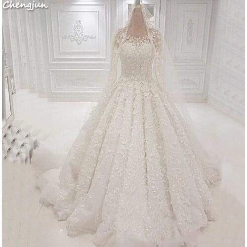 Chengjun Women Long Lace Crystal Ball Gown Flower Wedding Dress